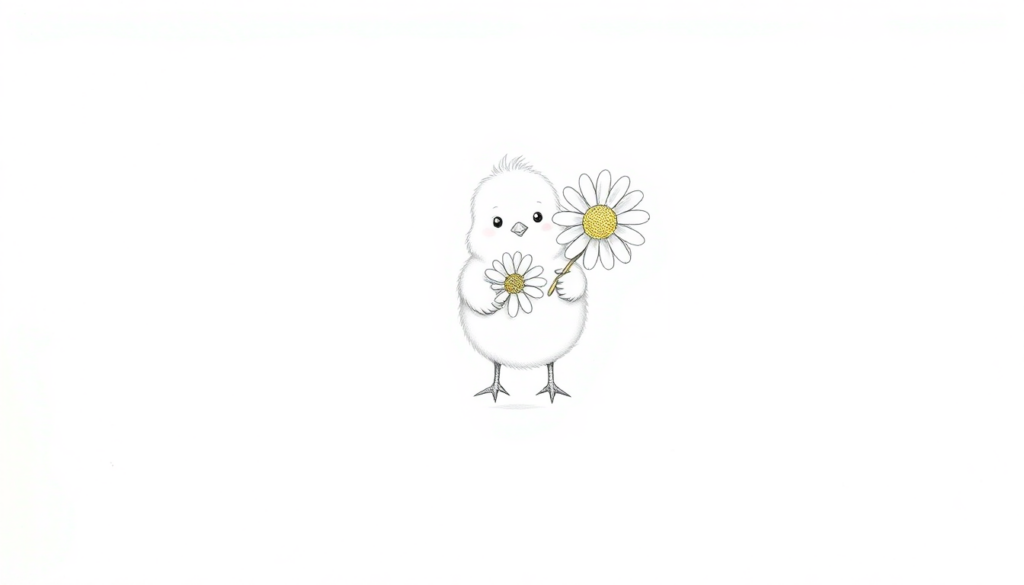 A tiny, fluffy chick holding a large daisy, looking bashful or proud.	