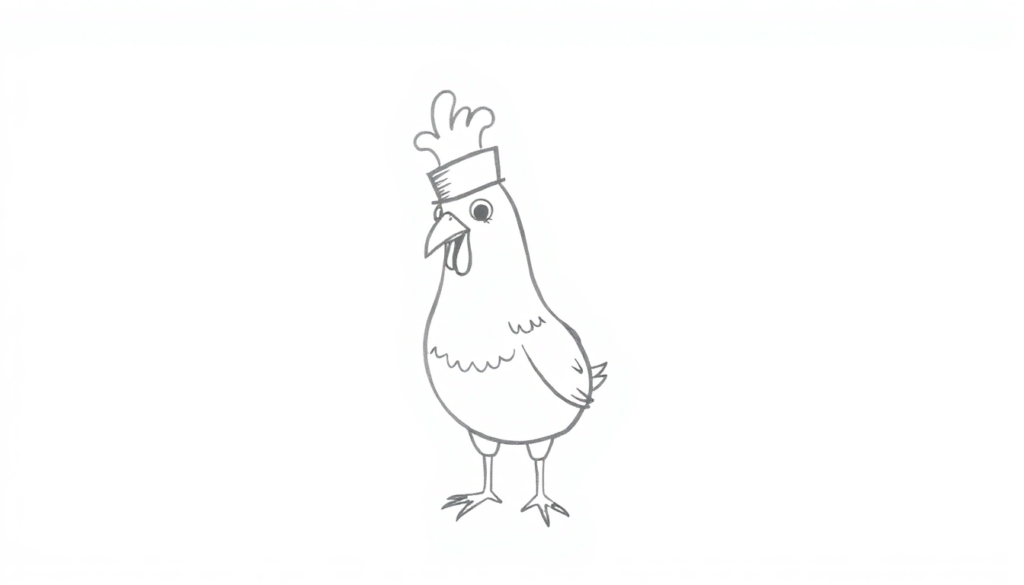 A fancy chicken wearing a top hat, bowler, or floral sun hat in a confident pose.	