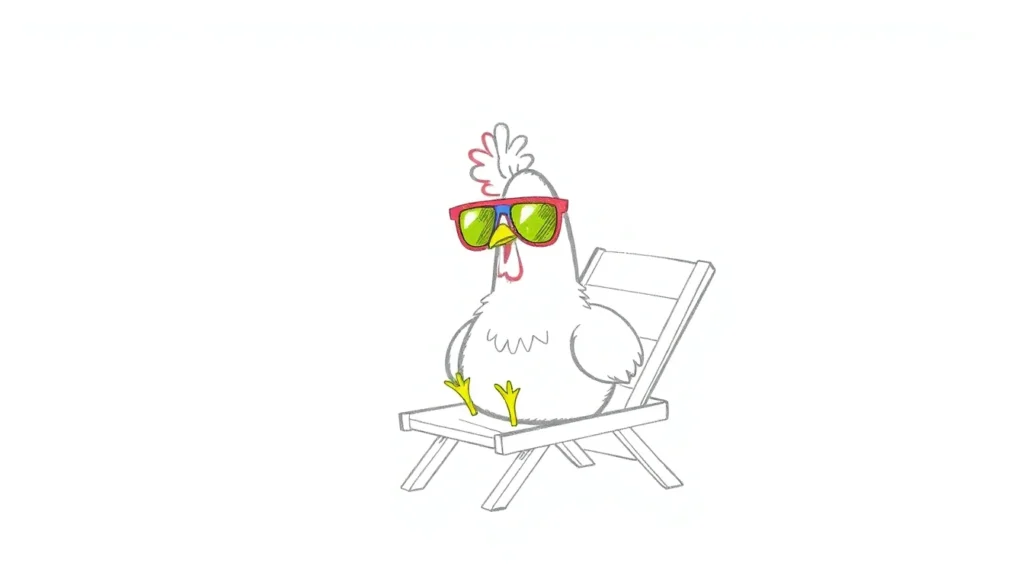 A cool chicken lounging on a beach chair with colorful shades reflecting the sun.