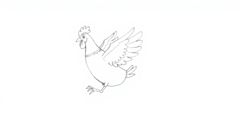 A determined chicken mid-air, wildly flapping wings with feathers flying everywhere.	