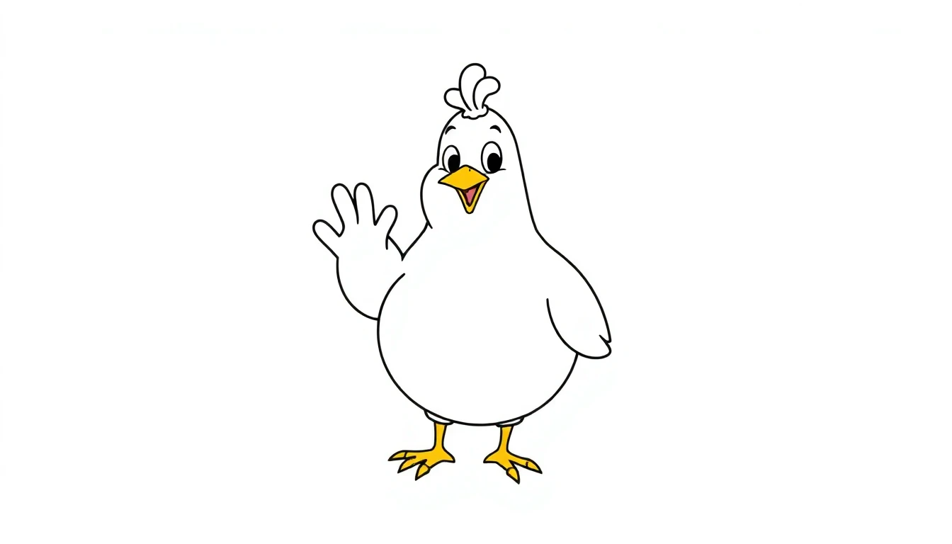 Cartoon Chicken drawing - A plump, smiling chicken with exaggerated features waving at the viewer.